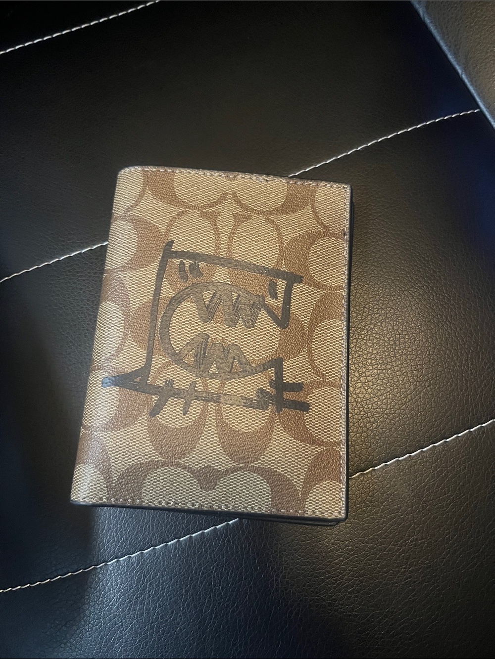 Coach Brown Signature Canvas Passport Cover with Graffiti Motif